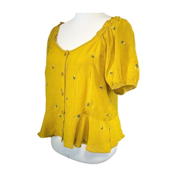 Sugar Lips Yellow Puff Sleeve Peplum Blouse Medium Embroidered Cottagecore girly - Picture 3 of 12